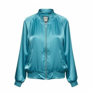 Chico’s Shirred Satin Zip Jacket Teal Blue Women’s Size L Lightweight